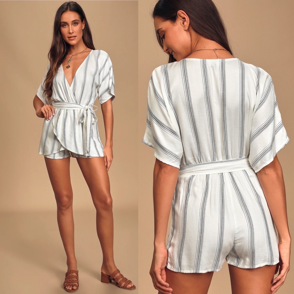 Lulus | Climb Aboard Grey and White Striped Romper